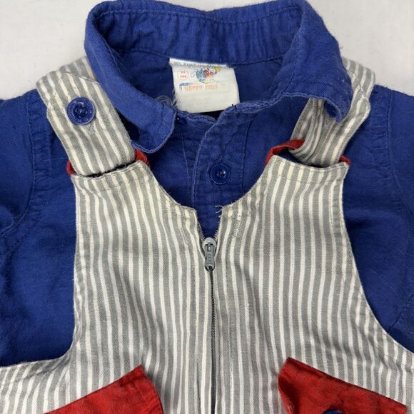 Vintage Happy Kids Gray Stipe Bib Overalls & Button Blue Shirt Size 3-6 Months - Picture 2 of 13